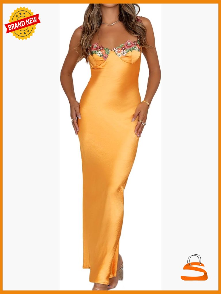 Floral Embroidered Satin Spaghetti Strap Maxi Dress Sweetheart Backless Slit